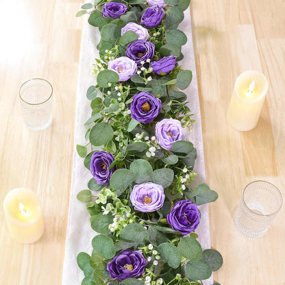TOCHGREEN 2 Pack 13Ft Artificial Eucalyptus Flower Garland with Pink Roses, Fake Rose Flower Greenery Garland Floral Vines for Wedding Home Party Table Runner Decor (4PCS, Pink)