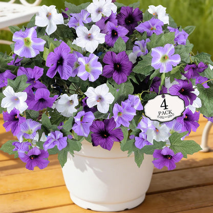Artificial Fake Flowers for Outdoor Plants Decoration, 4 Pcs Faux Petunia Flowers Plants UV Resistant Silk for Porch Yard Garden Home Indoor Decor (Purple White)