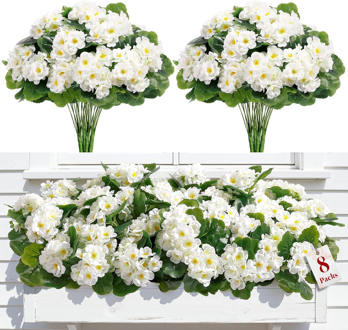 Alupssuc 8 Pcs Artificial Geranium Flowers for Outdoors Decoration Silk Floral, UV Resistant Fake Plants, Faux Flower for Porch Garden Table Centerpieces Home Indoor and Outdoor Spring Decor (8, Red)
