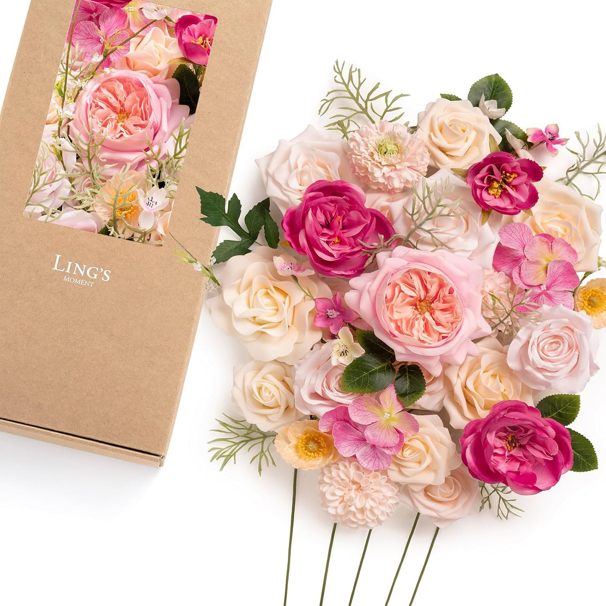 Ling's moment Fake Flowers Box, Faux Artificial Greenery Stems Foam Roses Poppy Gardenia Silk Hydrangea Peony Fabic Flower for Centerpieces Bouquet Wedding Floral Vase, English Pastel, Deluxe Combo