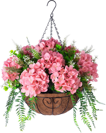 Artificial Hanging Hydrangea Flowers with Basket for Outdoor Spring Decoration, Fake Silk Hydrangea Flower Outdoor Indoor Arrangements, Fake Hanging Plants for Balcony Garden Yard Decor(Blue)