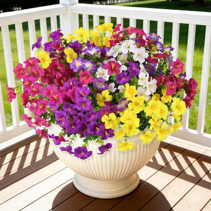 INQCMY Artificial Fake Petunia Flowers for Outdoors Spring Decoration, 12 Bundles Faux Plants Outdoor UV Resistant Realistic Silk Flower for Outside Planters Patio Porch Yard Window Box