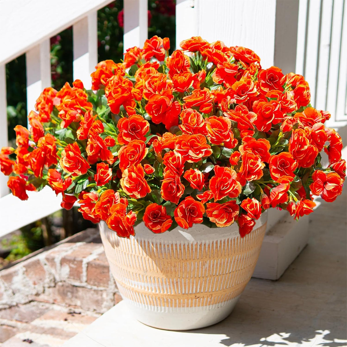 HyeFlora Artificial Fake Flowers Plants for Spring Outdoor Outside Decor, Faux Silk Yellow Camellia UV Resistant Realistic for Planter Front Door Porch Patio Balcony Decoration, 3 Large Bundles