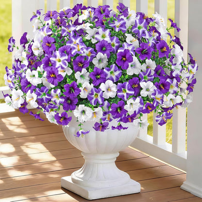 KHOYIME Artificial Flowers for Outdoor Decoration, 12PCS Faux White Purple Petunias Silk Flower UV Resistant Realistic Fake Plants for Outside Planter Garden Porch Yard Spring Summer Home Indoor Decor