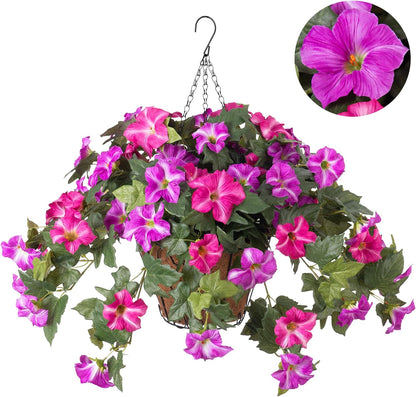 Artificial Fake Flowers Plants for Outdoor Decoration, 2PCS Faux Petunias Silk Flower UV Resistant No Fade for Home Outside Garden Balcony Yard Porch Realistic Indoor Decor (Purple White)