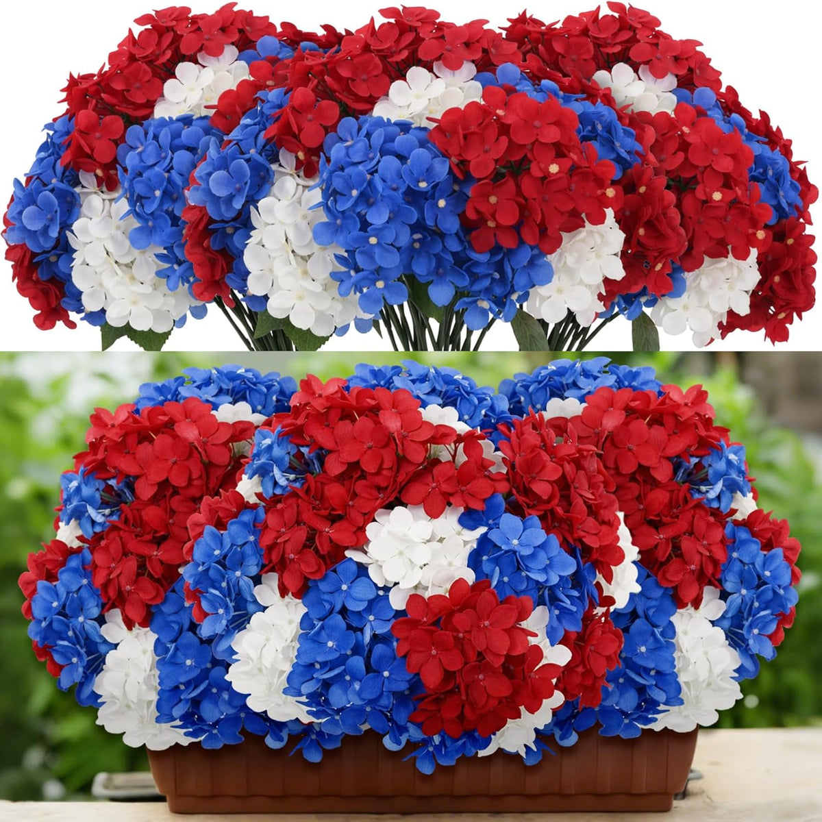 Blue Red and White 6 Bundles Hydrangea Artificial Flowers Bulk 30 Heads 20" Faux Fake Hydrangea for Spring Easter Decor Porch Indoor Outdoor Home Garden Wedding Table Centerpieces