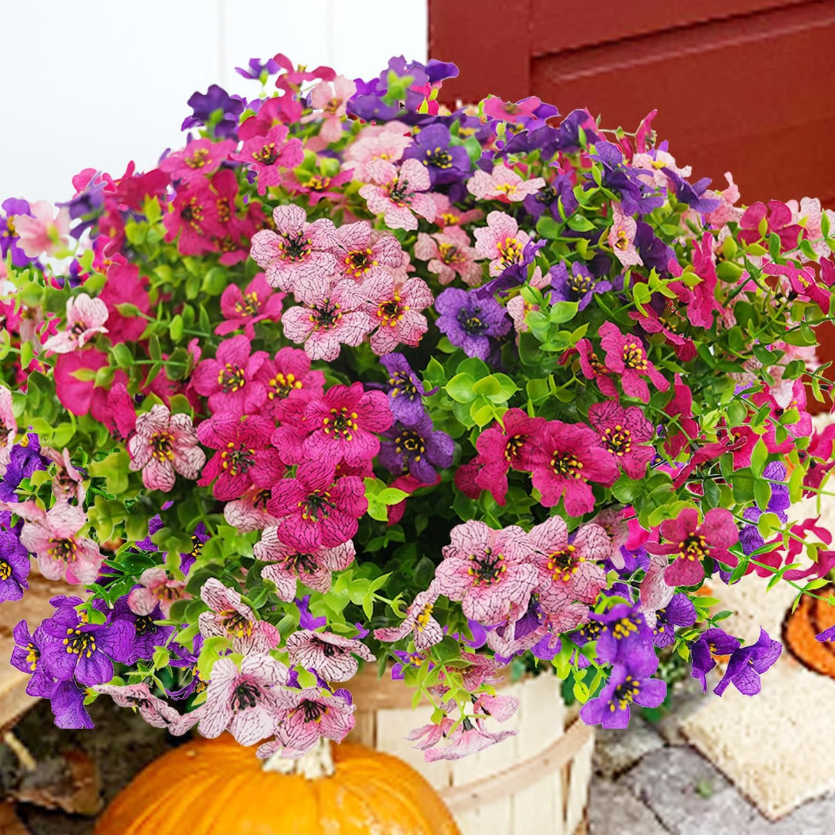 Artificial Flowers for Outdoor, UV Resistant Fake Silk Flowers, Realistic Faux Plants for Outside Indoor Porch Patio Window Box Planter Home Decor (20, Yellow Purple Rosy Pink Red)