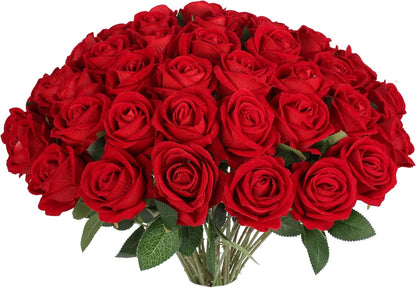 50 PCS Fake Pink Roses, Artificial Flowers Bulk Realistic Silk Faux Rose with Stems for Wedding Decoration Bridal Bouquet Birthday Celebrations DIY Floral Arrangement Home Decor