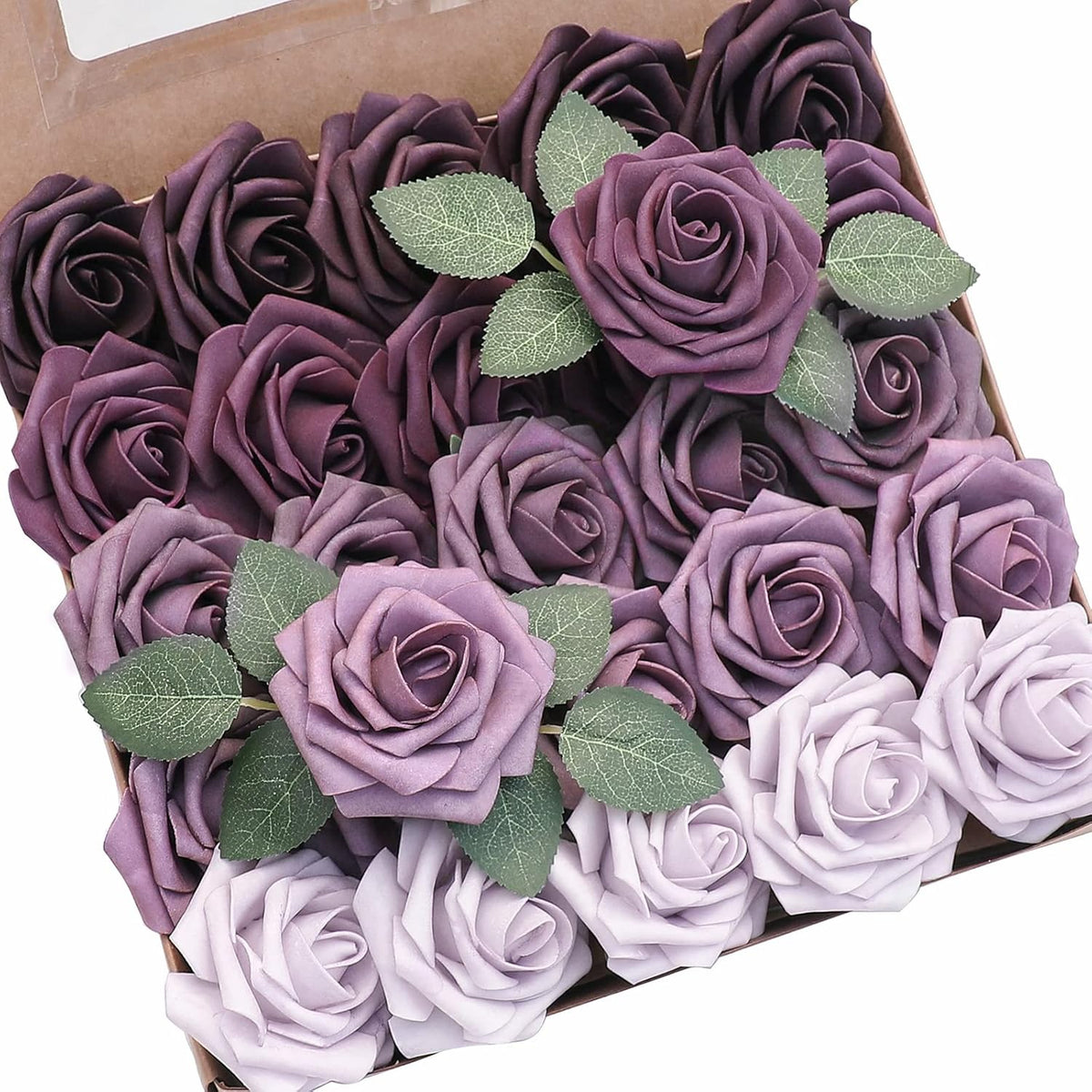 Floroom Artificial Flowers 25 Pcs Real Looking Lavender Purple Ombre Colors Foam Fake Roses with Stems for DIY Wedding Bouquets Bridal Shower Floral Centerpieces Party Tables Home Decorations