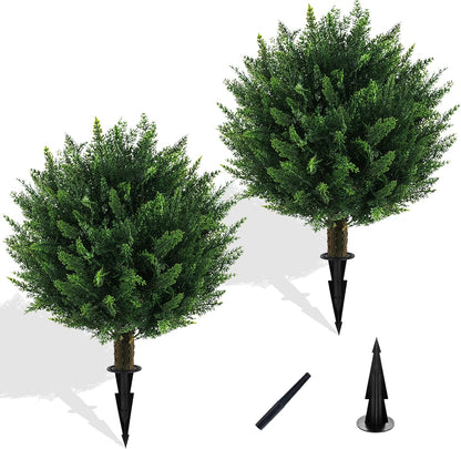 Artificial Boxwood Topiary Ball Bush for Outdoor with Spike, Set of 2 UV Resistant Faux Boxwood Ball Tree with Stake, Weatherproof Fake Round Topiary Shrub Plant for Front Porch Planter