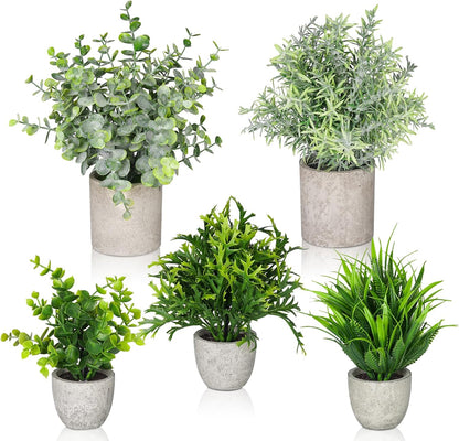 Lemonfilter Small Fake Plants, 5 Pack Mini Potted Artificial Eucalyptus Plant Greenery Plastic Fake Plants Faux Plant for Table Shelve Bathroom Kitchen Rustic Farmhouse Indoor Decor
