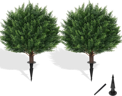 Artificial Boxwood Topiary Ball with Lavender, Set of 2 Artificial Shrub Bushes with Ground Spike, UV Resistant Fake Evergreen Plant Tree for Porch Outdoor Planters Indoor Valentine's Day