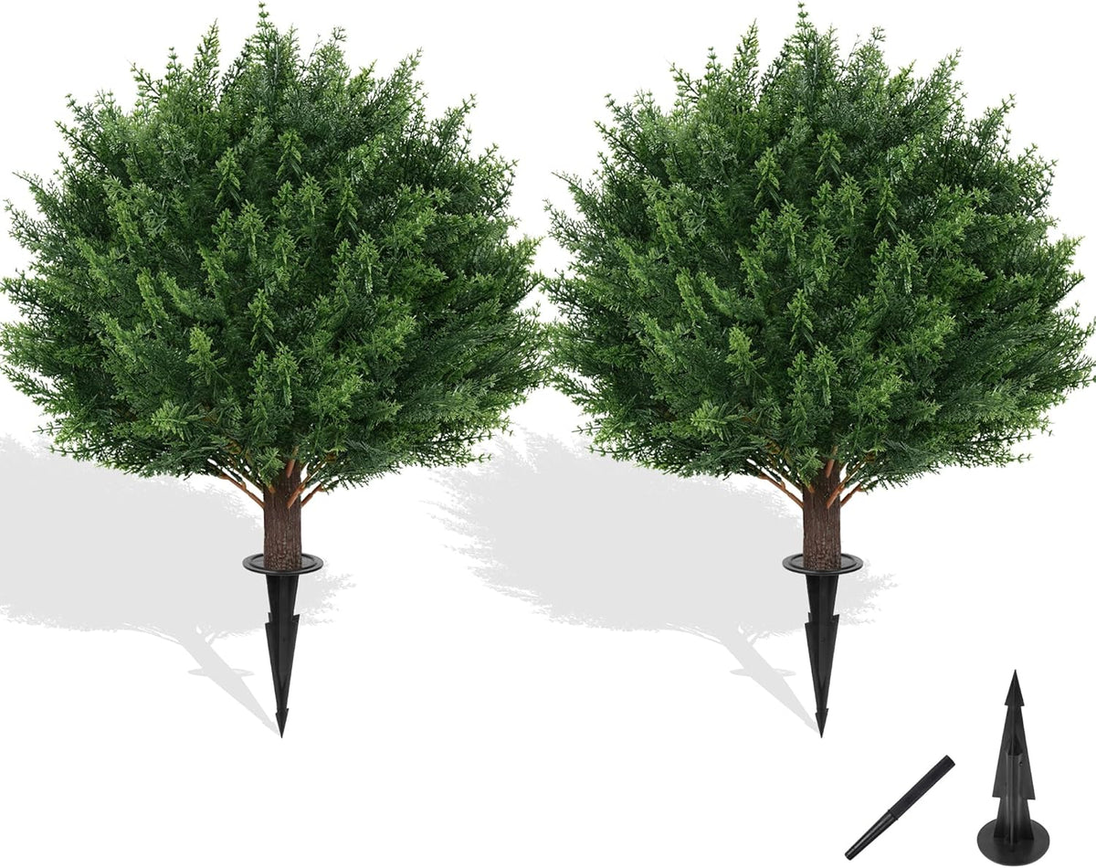 Artificial Boxwood Topiary Ball with Lavender, Set of 2 Artificial Shrub Bushes with Ground Spike, UV Resistant Fake Evergreen Plant Tree for Porch Outdoor Planters Indoor Valentine's Day
