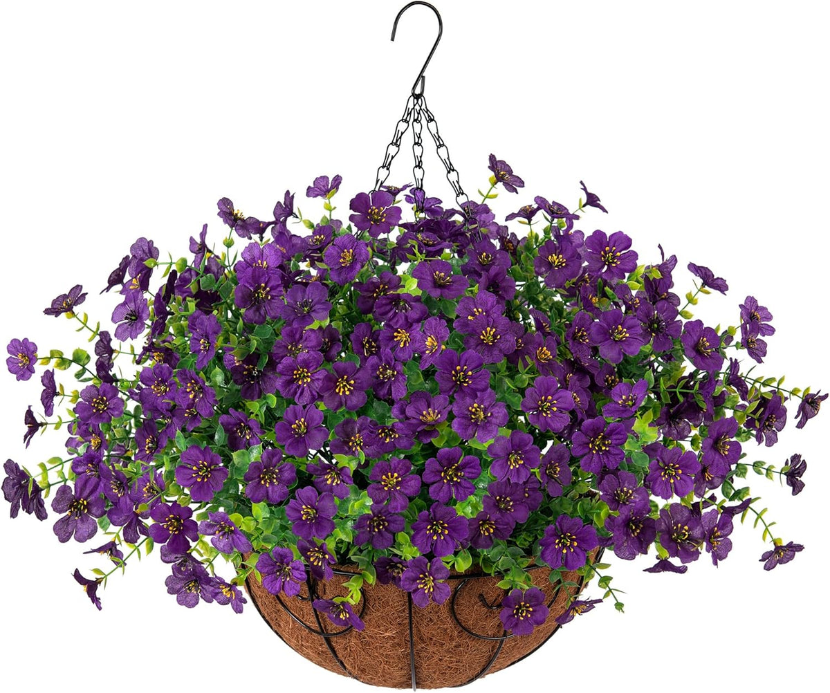 HyeFlora Artificial Fake Hanging Plants Flowers Basket for Outdoor Outside Porch Spring Decoration, Faux Silk Purple Daisy Realistic UV Resistant in Planter for Home Patio Balcony Garden Yard