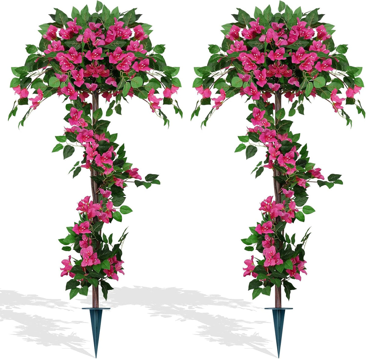 2 Pack 4FT Artificial Bougainvillea Topiary Trees for Outdoor, Fake Silk Flowers Plants Bushes with Ground Spike, Faux UV Resistant Shurbs Trees for Outside, Front Porch, Patio, Balcony Decor