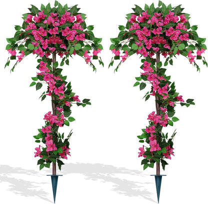 2 Pack 4FT Artificial Bougainvillea Topiary Trees for Outdoor, Fake Silk Flowers Plants Bushes with Ground Spike, Faux UV Resistant Shurbs Trees for Outside, Front Porch, Patio, Balcony Decor