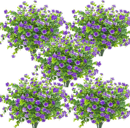 Grunyia 10 Bundles Artificial Fake Flowers, Faux Outdoor Plastic Plants UV Resistant Shrubs Outside Indoor Decorations (Blue-Eucalyptus)
