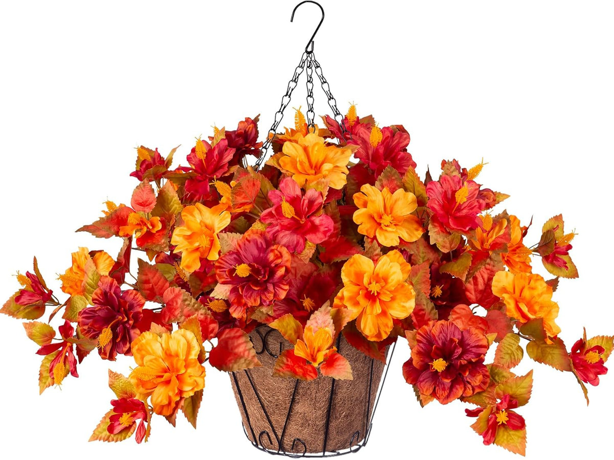INXUGAO Artificial Flowers for Outdoors Indoors, 3 Bunches Fake Hibiscus with Hanging Basket Realistic UV Resistant Silk Flower Leaves, Faux Plant for Outside Home Patio Garden Poch (Purple, Fuchsia)