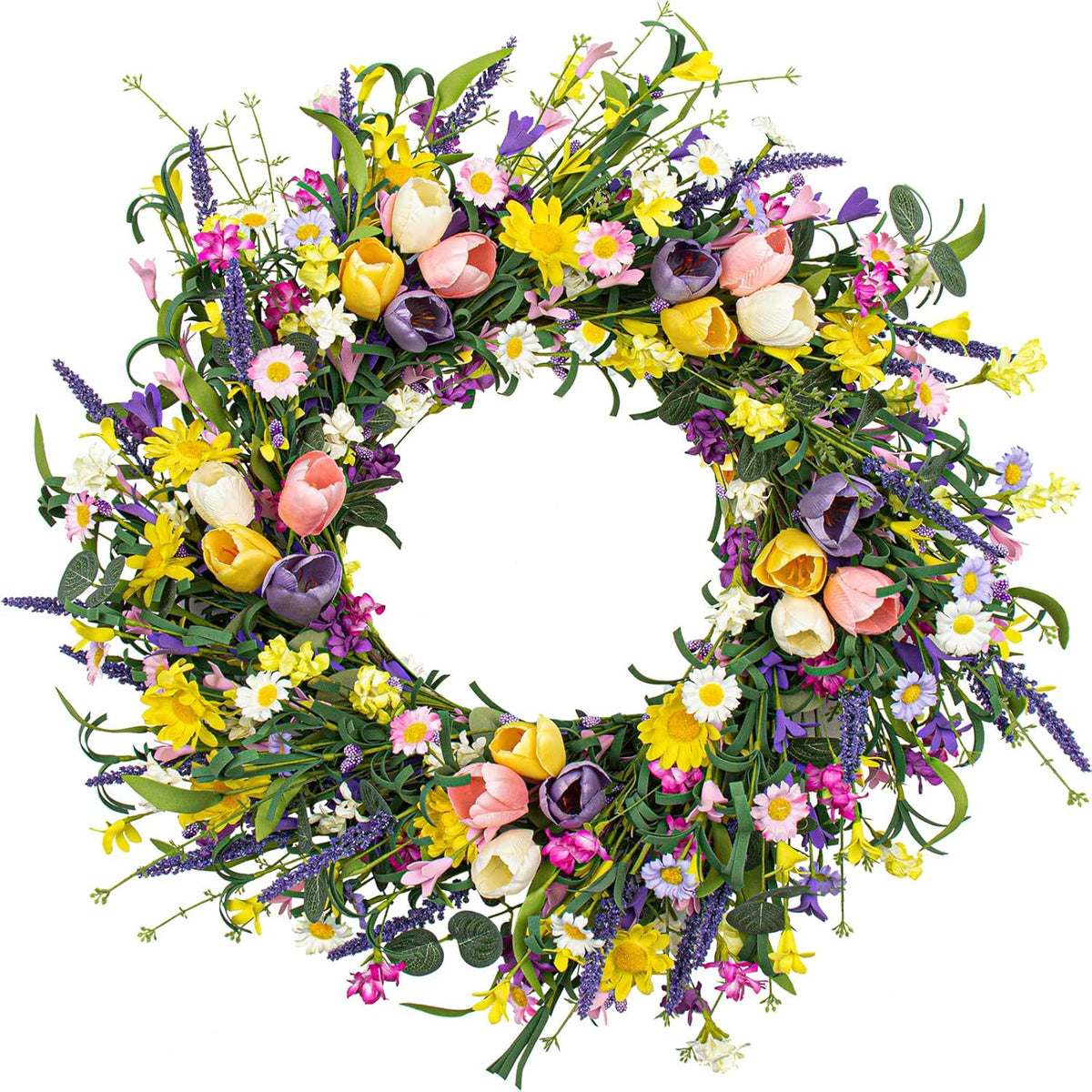 Spring Decorations for Home 22" Spring Wreath Artificial Summer Wreaths with Eucalyptus Leaf Lavender and Daisy for Easter Indoor Outdoor Home Festival Celebrations