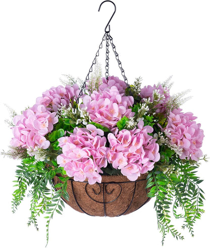 Artificial Hanging Hydrangea Flowers with Basket for Outdoor Spring Decoration, Fake Silk Hydrangea Flower Outdoor Indoor Arrangements, Fake Hanging Plants for Balcony Garden Yard Decor(Blue)