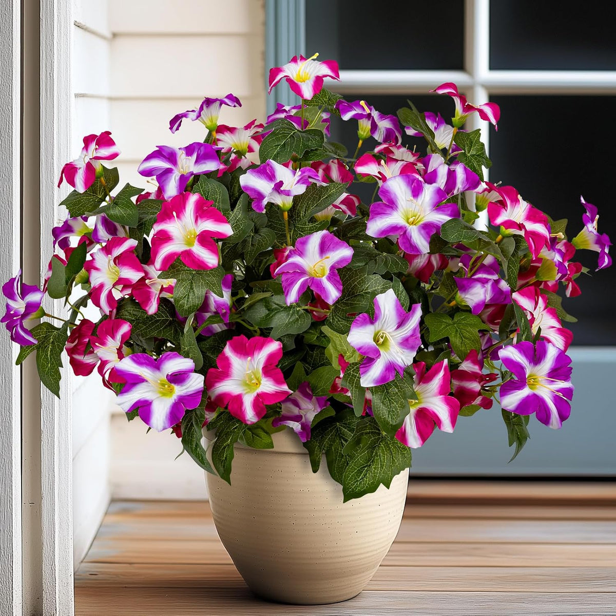 19 Inch Artificial Fake Flowers for Outdoor, 4 Pcs Faux Silk Petunias Spring Flowers for Outside for Indoor Porch Planter Front Door Garden Patio Window Box Home Decor (Multiple Color)