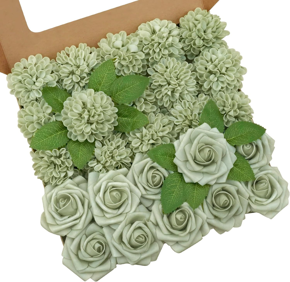 Artificial Flowers, Realistic 50 Pcs Artificial Rose for DIY Wedding Bouquets Centerpieces Arrangements, Sage Green Dahlia Flowers with Stem for Bridal Shower Party Home Decorations