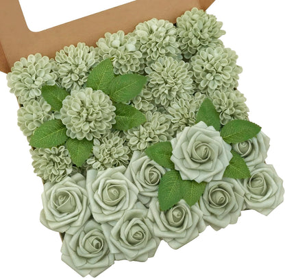 Artificial Flowers, 25 Pcs Realistic Artificial Rose for DIY Wedding Bouquets Centerpieces Arrangements, Sage Green Dahlia Flowers with Stem for Bridal Shower Party Home Decorations