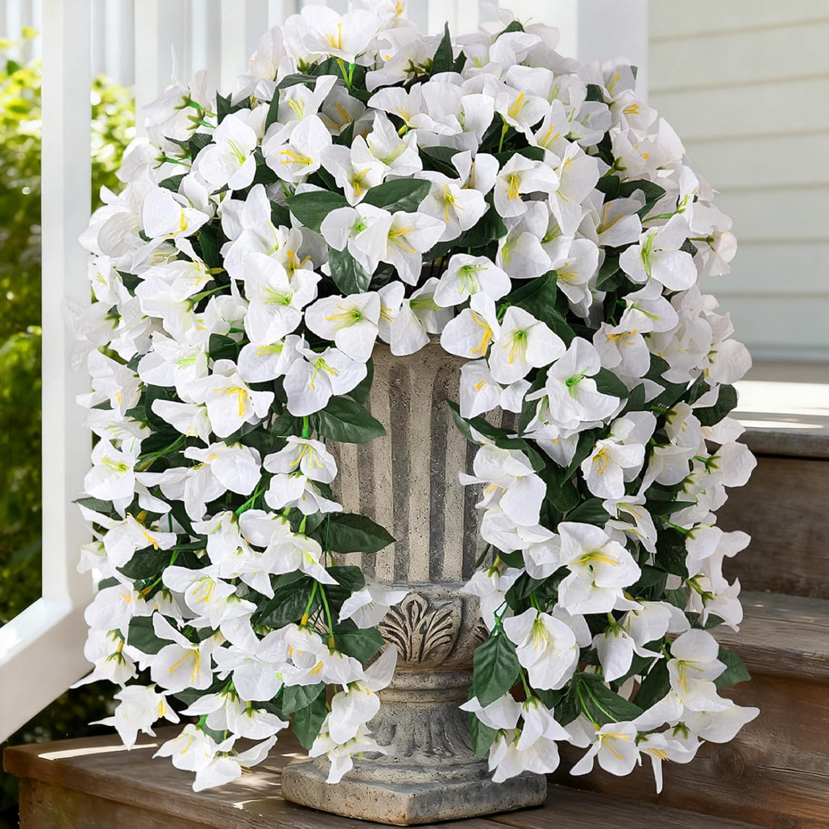 2 Pcs Artificial Faux Bougainvillea Flowers Plants for Outdoor Outside Summer Decoration, Fake Silk UV Resistant Long Trailing Vines for Front Door Porch Planter Balcony (Purple Rose Red)