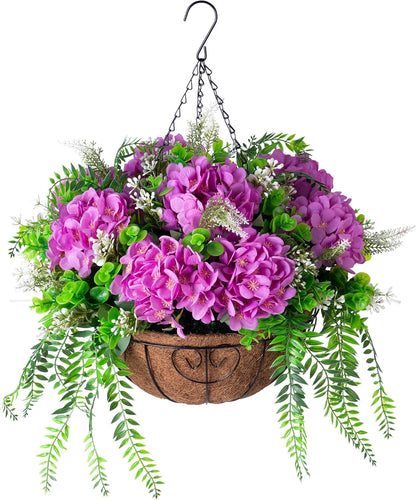 Artificial Hanging Hydrangea Flowers with Basket for Outdoor Spring Decoration, Fake Silk Hydrangea Flower Outdoor Indoor Arrangements, Fake Hanging Plants for Balcony Garden Yard Decor(Blue)