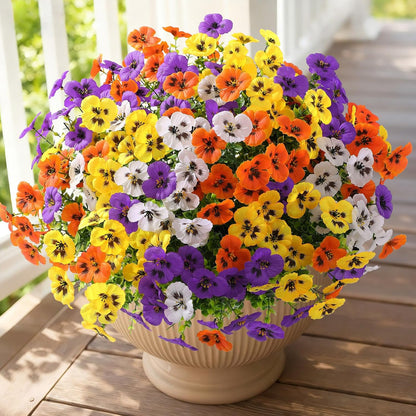 Alupssuc 24 Bundles Artificial Flowers for Outdoors, Fake Spring Flowers for Decoration, UV Resistant Realistic Pansies with Eucalyptus Silk Faux Flowers for Porch Patio Yard, Purple Yellow White