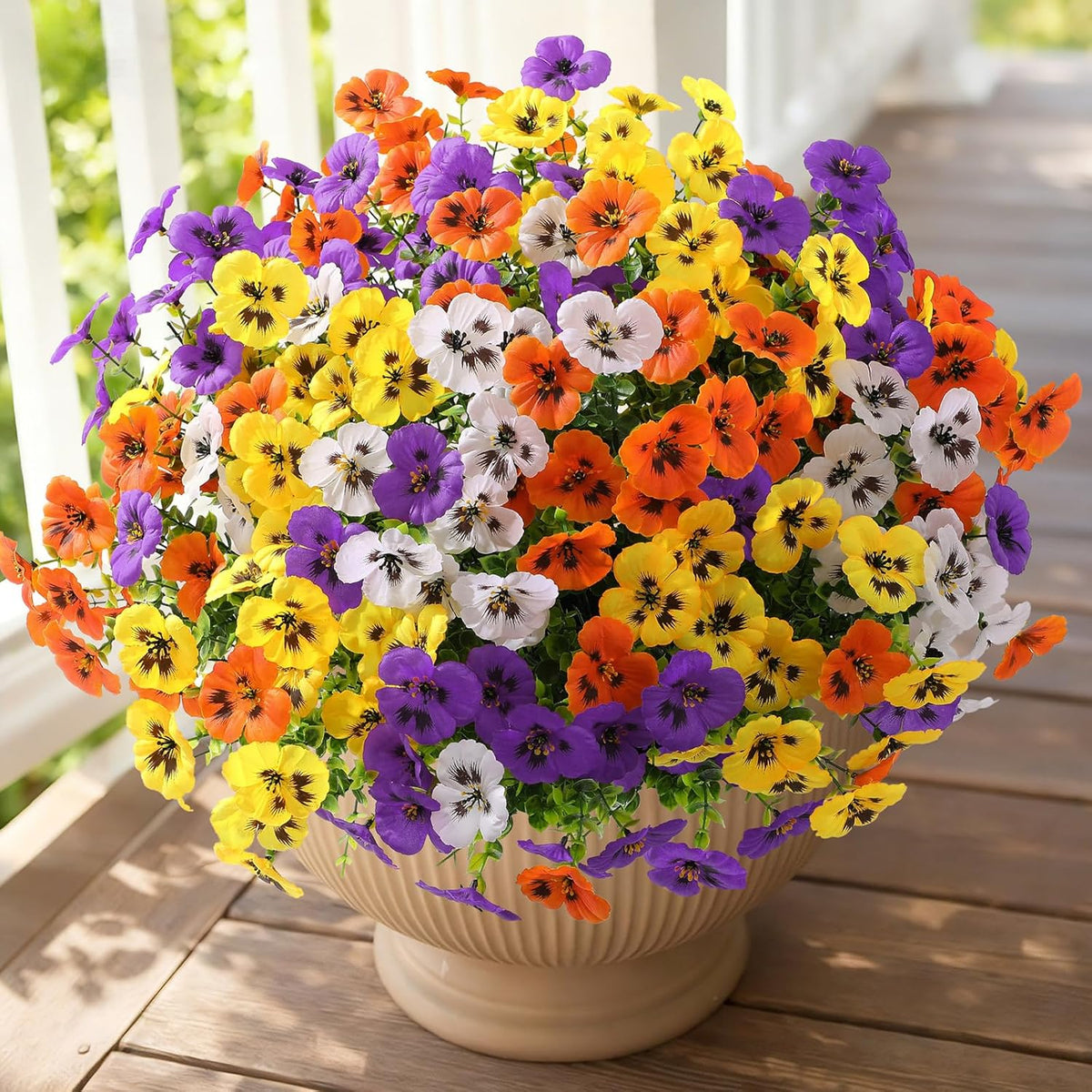 Alupssuc 24 Bundles Artificial Flowers for Outdoors, Fake Spring Flowers for Decoration, UV Resistant Realistic Pansies with Eucalyptus Silk Faux Flowers for Porch Patio Yard, Purple Yellow White