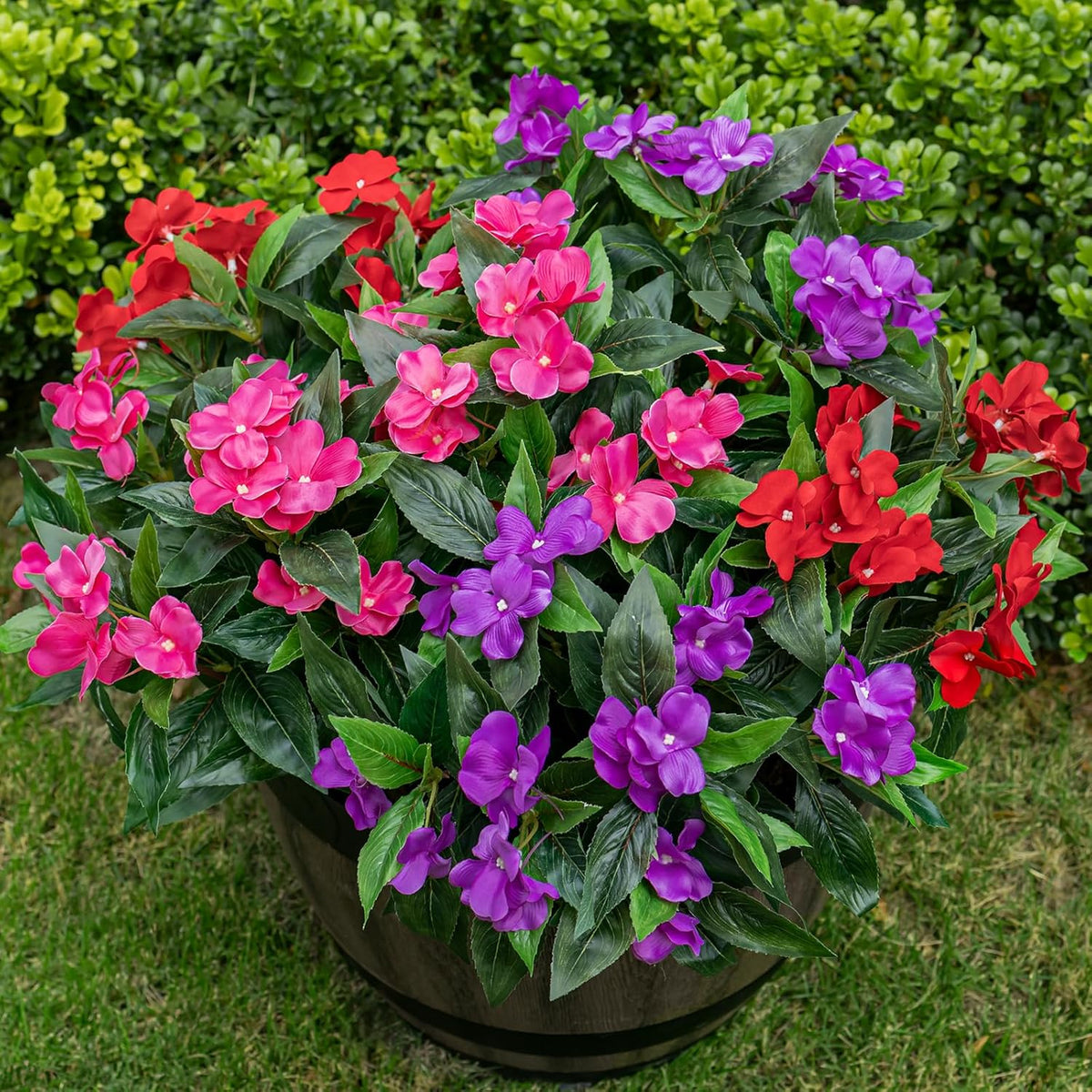 Artificial Fake Flowers for Outdoor Décor 6 Bundles UV Resistant Fake Plants for Planter Faux Impatiens for Home Porch/Garden Stunning（Rose Red）