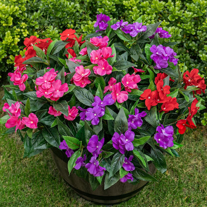 Artificial Fake Flowers for Outdoor Décor 6 Bundles UV Resistant Fake Plants for Planter Faux Impatiens for Home Porch/Garden Stunning（Rose Red）