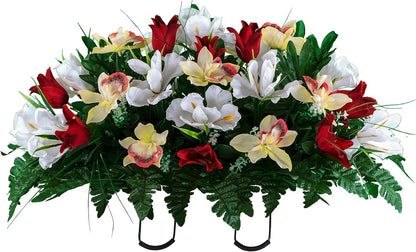 Sympathy Silks Ruby's Silk Flowers Artificial Flowers - Weighted Pot Bouquet Decoration - Height 18"-20" - Red Tulip and White Iris Potted Flowers