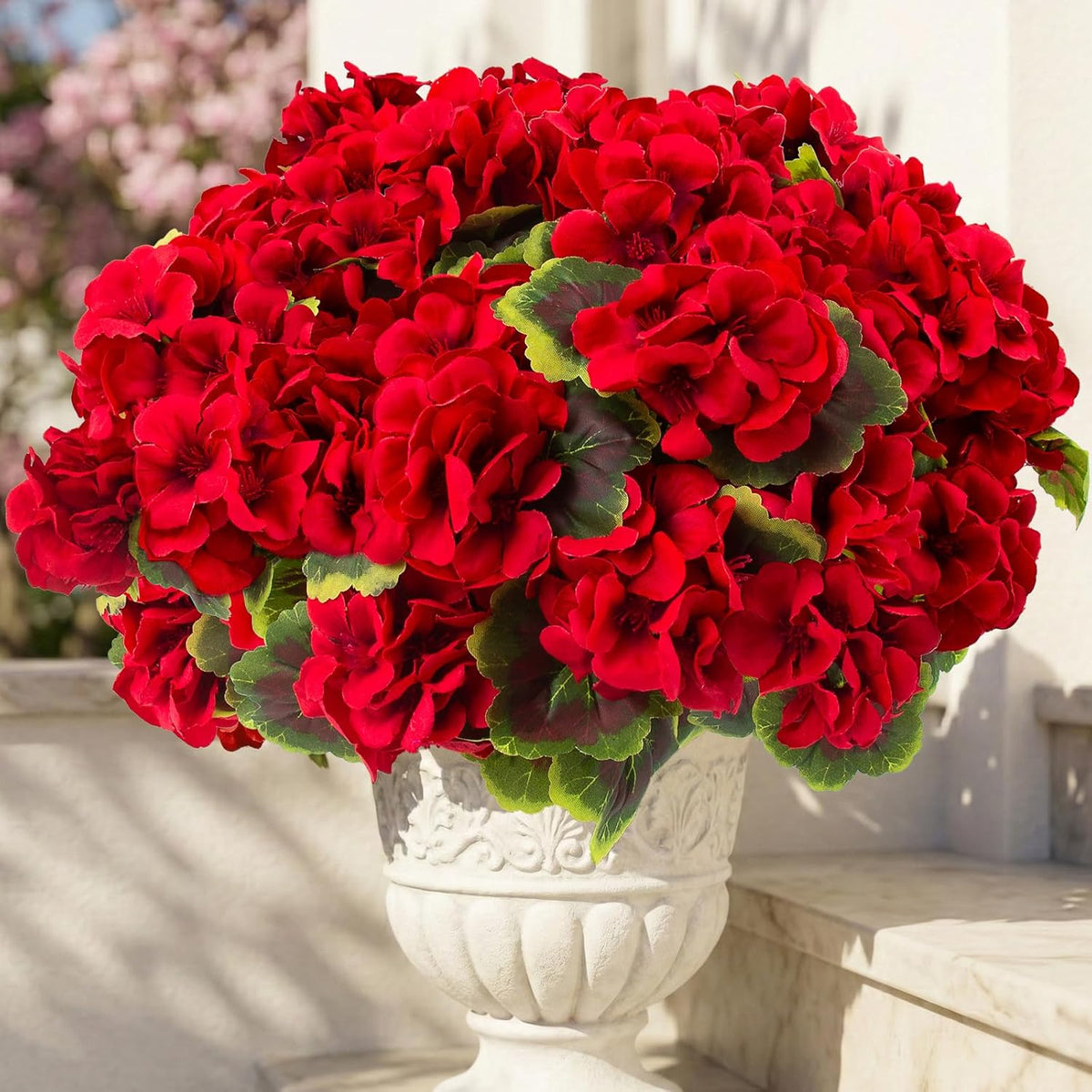 lovemoon 8 Pcs Artificial Geranium Plant Realistic Silk Flowers for Outside UV Resistant Faux Geranium Flowers for Indoor Outdoor Home Garden Office Decoration (8, Red)