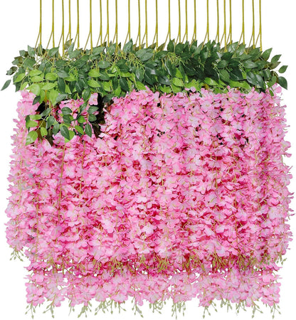 Pauwer Wisteria Hanging Flowers 24 Pack Fake Flower Garland Artificial Wisteria Vines Rattan Silk Flower String Wedding Party Wall Decorations, White