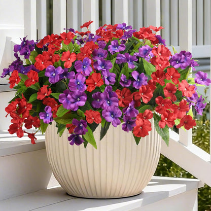Artificial Impatiens Flowers for Outdoors, 6 Bundles Silk Fake Flowers for Spring Summer Decoration, UV Resistant Faux Plants Plastic Bouquet for Home Planter Porch Patio Yard Decor(Double Blue)