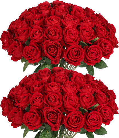 50 PCS Fake Pink Roses, Artificial Flowers Bulk Realistic Silk Faux Rose with Stems for Wedding Decoration Bridal Bouquet Birthday Celebrations DIY Floral Arrangement Home Decor