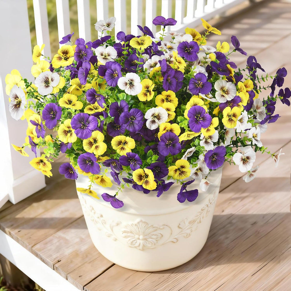 INQCMY Artificial Fake Pansy Flowers for Outdoor, 12 Pcs Faux Silk Pansies Flower for Spring Summer Decoration, UV Resistant Fake Plants for Outside Planter Porch Yard Patio Home Decor(Double Purple)