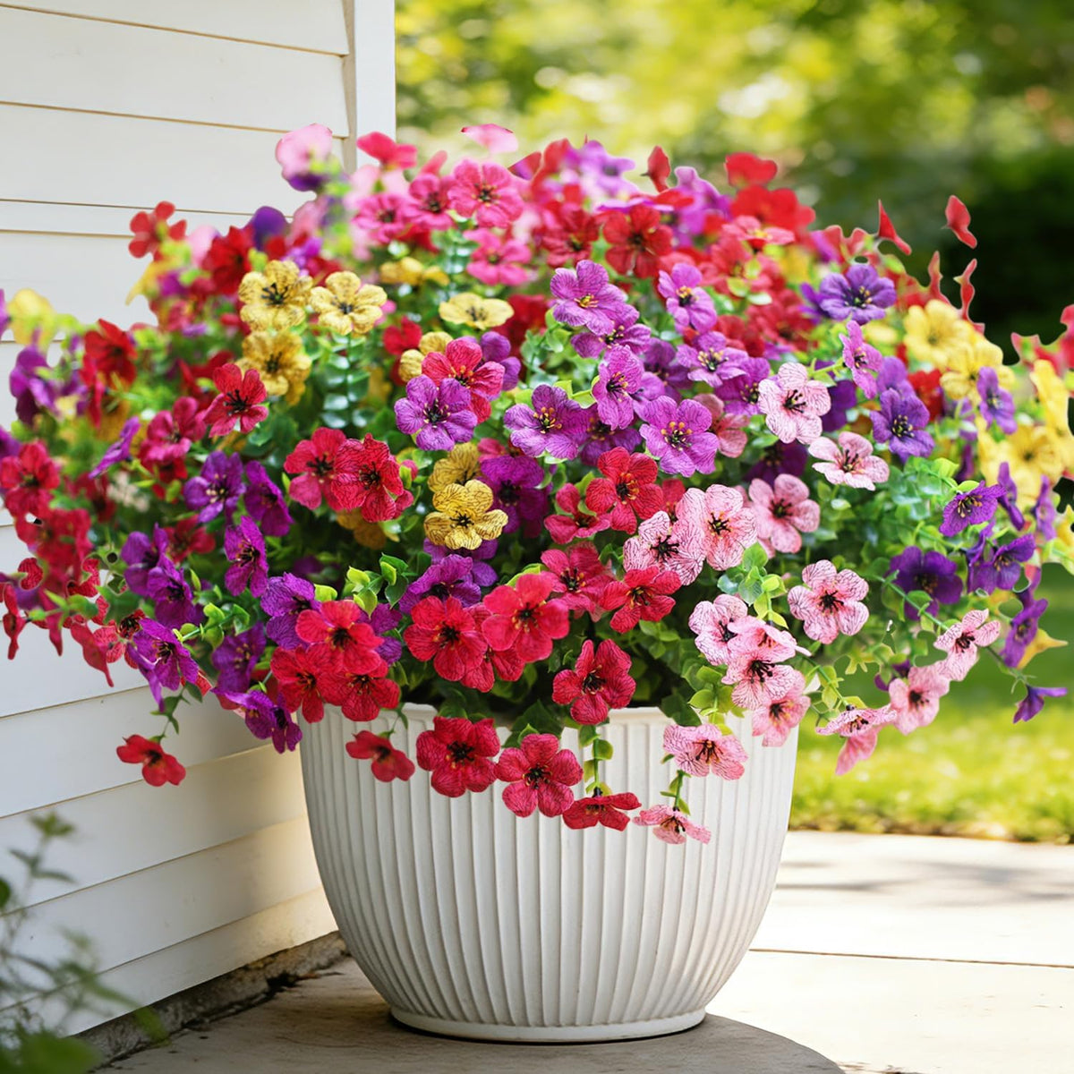 Artificial Flowers for Outdoors, Fake Faux Plants Outside Realistic Spring Summer Decor, UV Resistant Silk Flowers for Home Porch Garden (12, Purple Red Yellow Hot Pink)