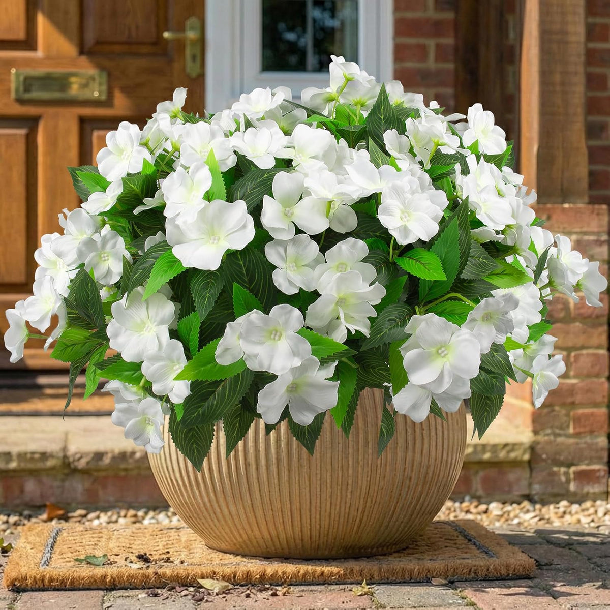 Daynight 4 Pcs Artificial Impatiens Flowers for Outdoor Flowers UV Resistant Faux Red Flowers Impatiens Bushes Silk Artificial Flowers Bouquet for Patio Garden Porch Decor (4, Red)