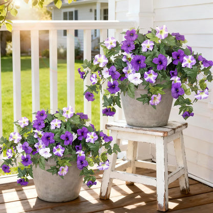 Artificial Fake Flowers Plants for Outdoor Decoration, 2PCS Faux Petunias Silk Flower UV Resistant No Fade for Home Outside Garden Balcony Yard Porch Realistic Indoor Decor (Purple White)