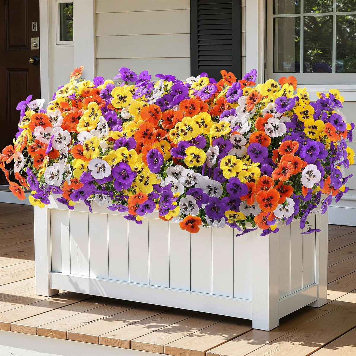 Alupssuc 24 Bundles Artificial Flowers for Outdoors, Fake Spring Flowers for Decoration, UV Resistant Realistic Pansies with Eucalyptus Silk Faux Flowers for Porch Patio Yard, Purple Yellow White