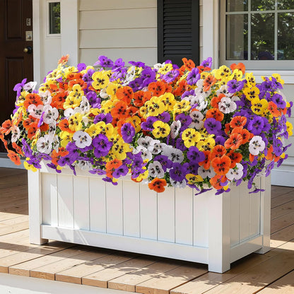Alupssuc 24 Bundles Artificial Flowers for Outdoors, Fake Spring Flowers for Decoration, UV Resistant Realistic Pansies with Eucalyptus Silk Faux Flowers for Porch Patio Yard, Purple Yellow White
