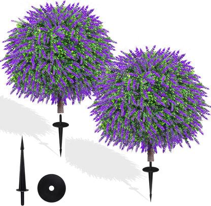 Set of 2 Artificial Boxwood Topiary Ball Trees, 27.5" UV Resistant Faux Evergreen with Ground Spikes