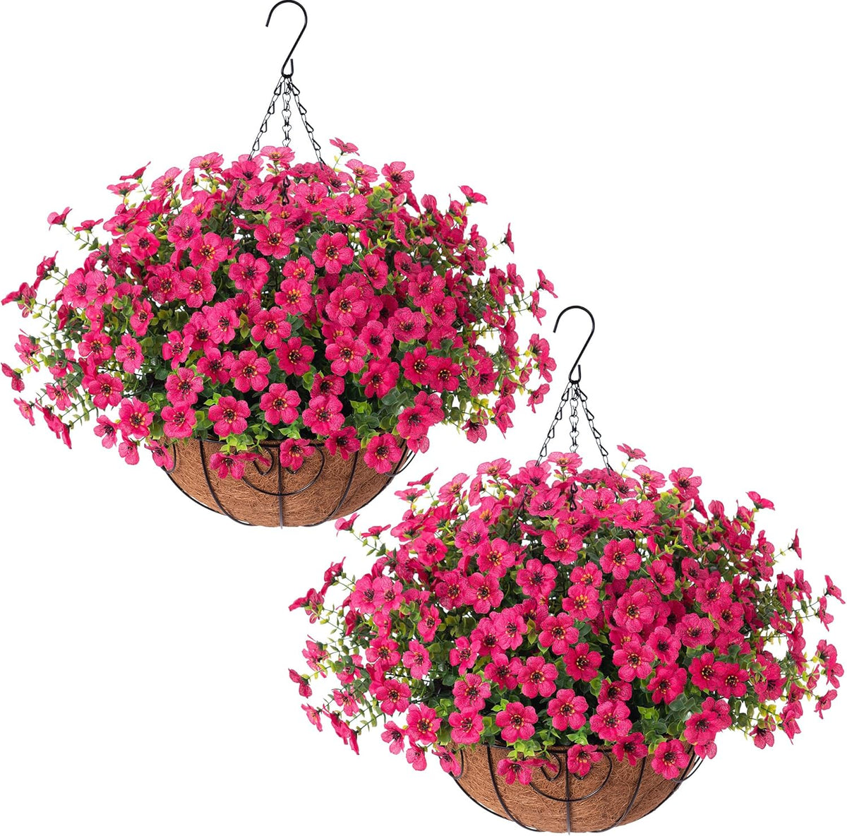 HyeFlora 2 Set Artificial Outdoor Flowers Hanging Basket, Faux Hanging Plants for Outside Spring Decoration, Fake Silk UV Resistant Look Real Daisy for Porch Patio Home Decor