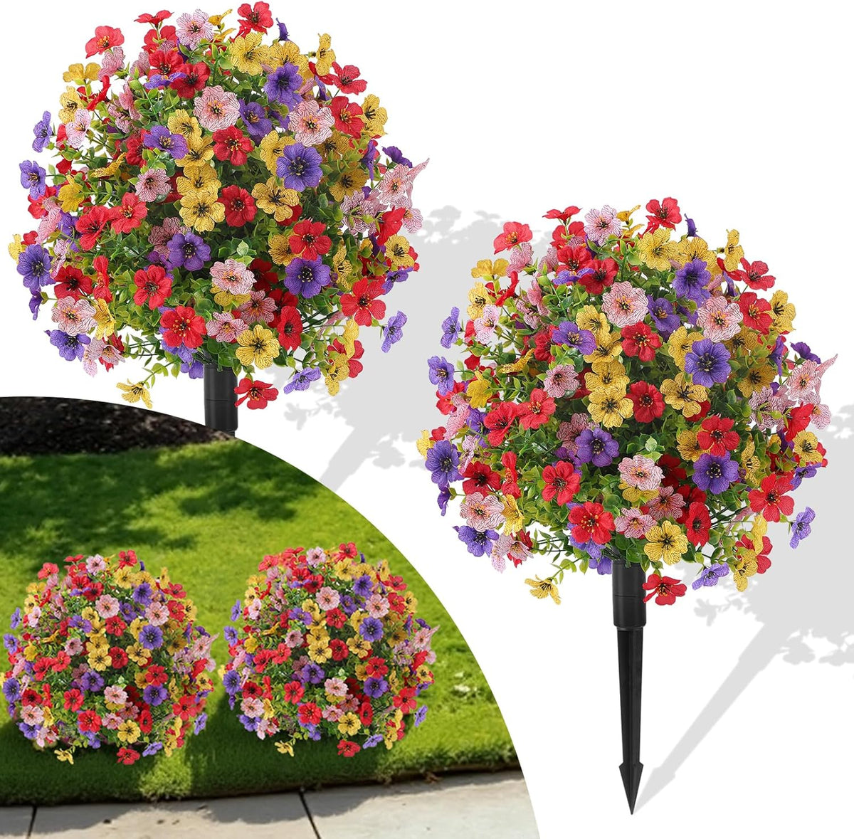 Alupssuc 2Pcs 20" Artificial Topiary Ball Flowers For Outdoors Planters, Spring Decoration with Spike, UV Resistant Faux Summer Plants, Fake Bushes Indoor Decor, Mix 4 Colors for Garden, Porch & Patio