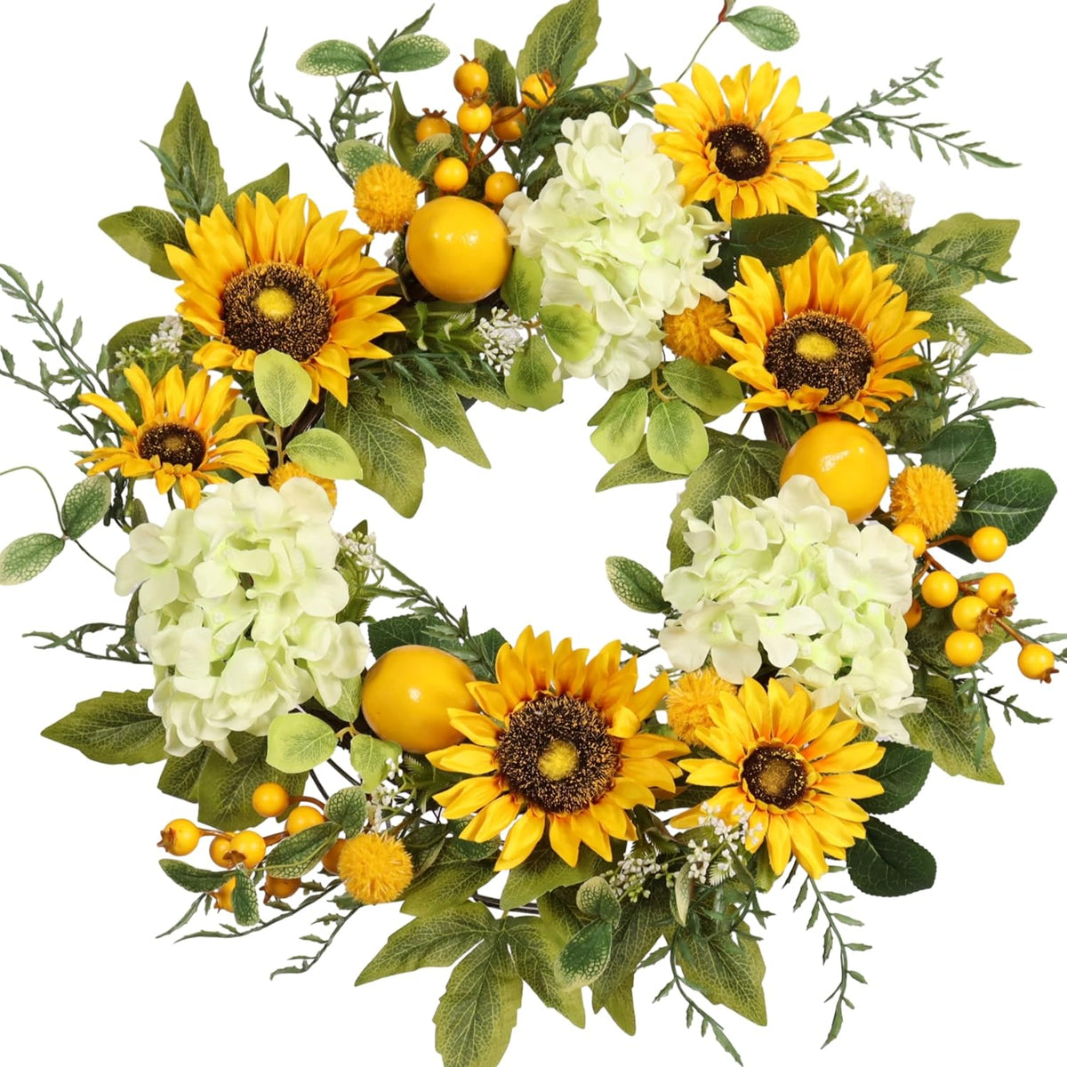 22IN Artificial Spring Summer Wreath with Wild Flowers & Silk Daisies Eucalyptus, UV Resistant, Colorful Wreath - for Spring Summer Indoor Outdoor Home Décor