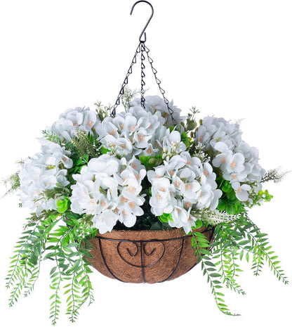 Artificial Hanging Hydrangea Flowers with Basket for Outdoor Spring Decoration, Fake Silk Hydrangea Flower Outdoor Indoor Arrangements, Fake Hanging Plants for Balcony Garden Yard Decor(Blue)