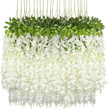 Pauwer Wisteria Hanging Flowers 24 Pack Fake Flower Garland Artificial Wisteria Vines Rattan Silk Flower String Wedding Party Wall Decorations, White